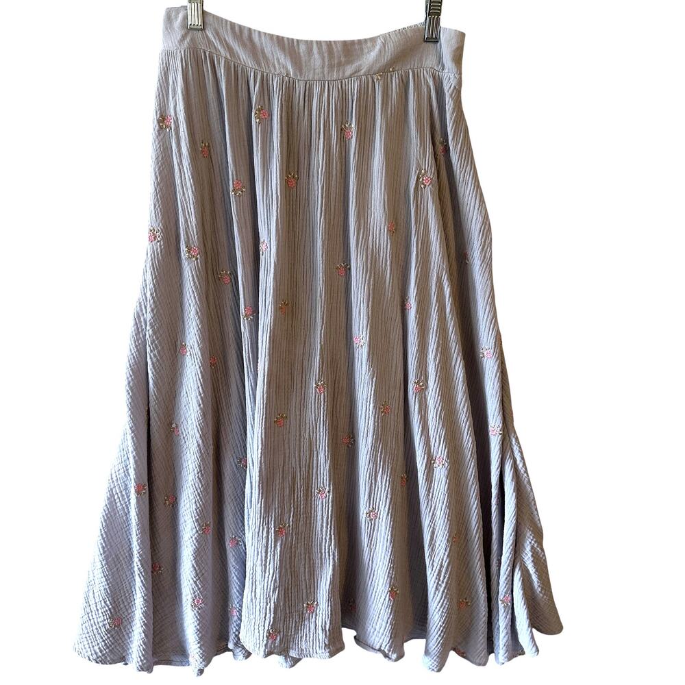 Mable Floral Embroidered Gauze Midi Skirt Womes Large Pale Lavender Cottage